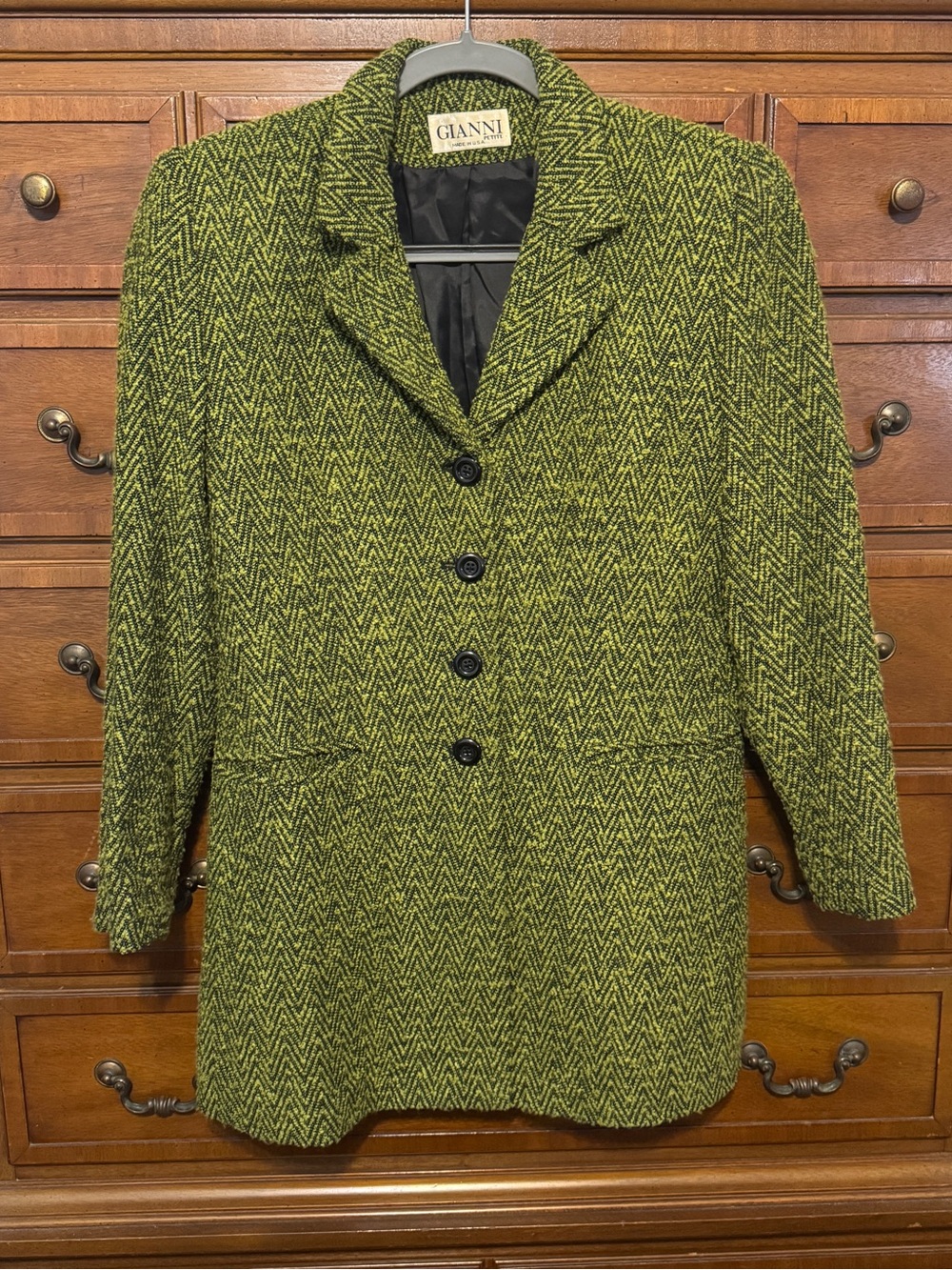 Vintage Gianni Petite Green Black Herringbone Bouclé Coat Blazer Mod Academia 8